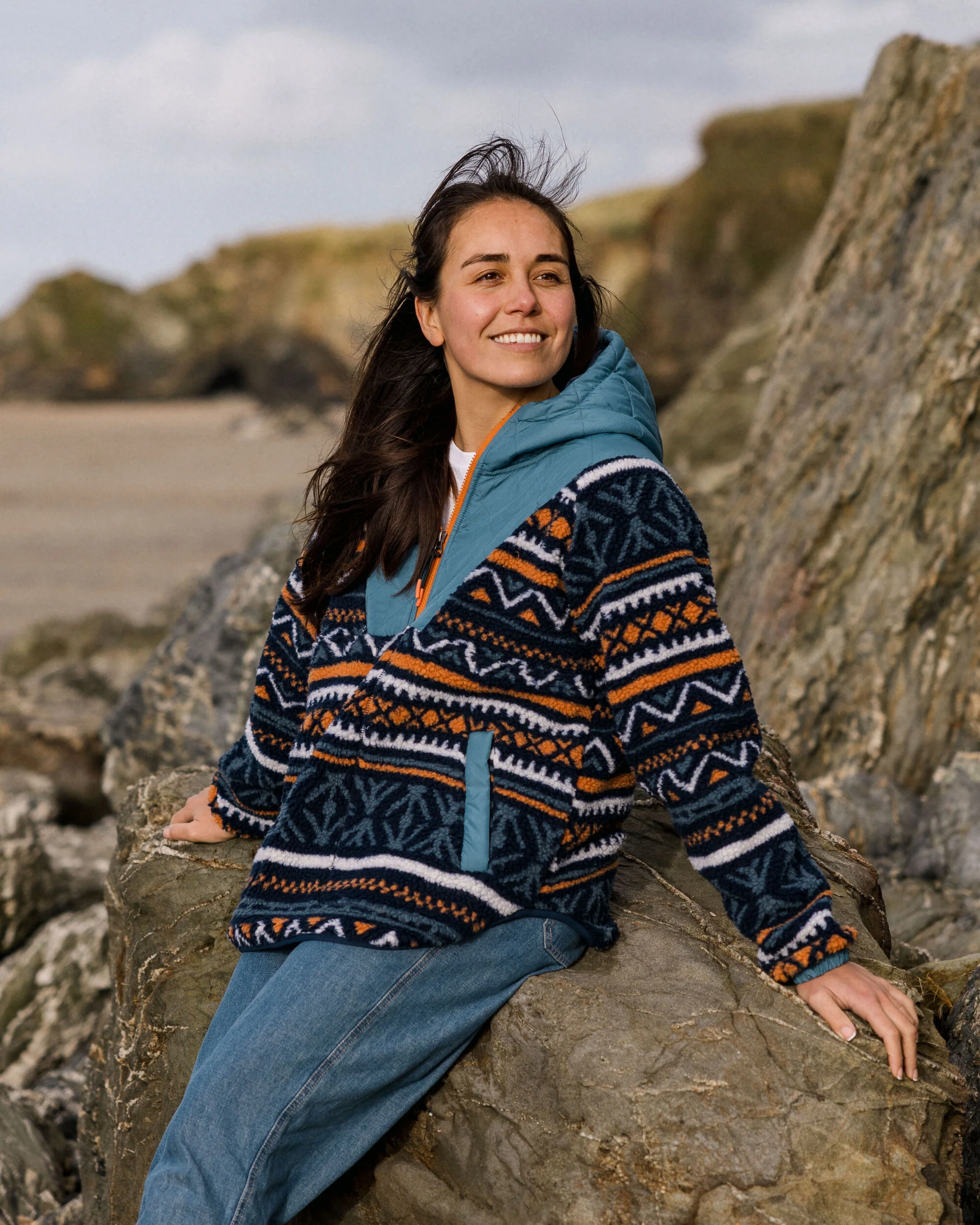 Beaumont Sherpa Hooded Fleece - Homespun Stripe Navy - Image 3