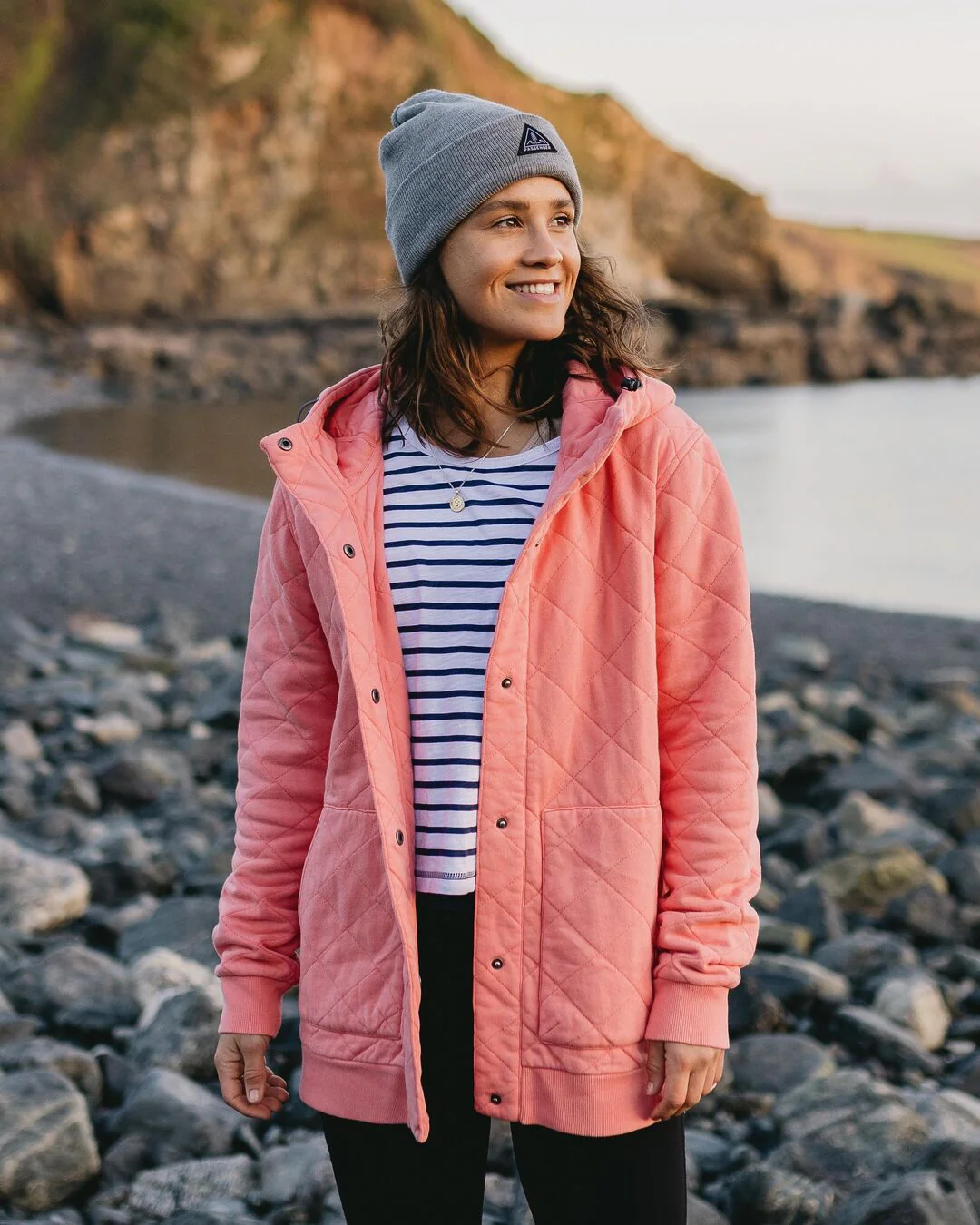 Clementine Quilted Popper Up Hoodie - Shell Pink