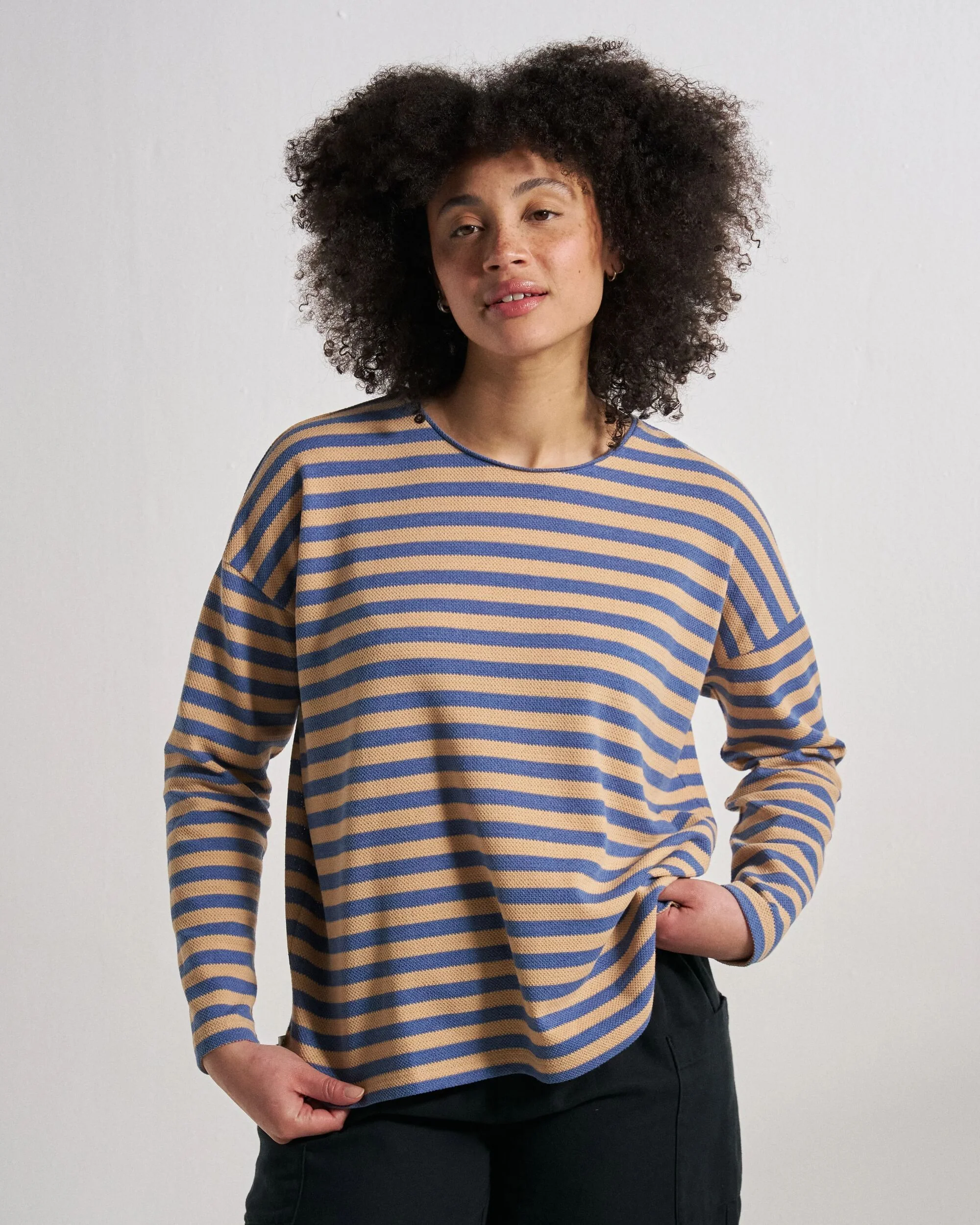 Panorama Striped LS T-Shirt - Faded Denim/Orange Peach Stripe - Image 3