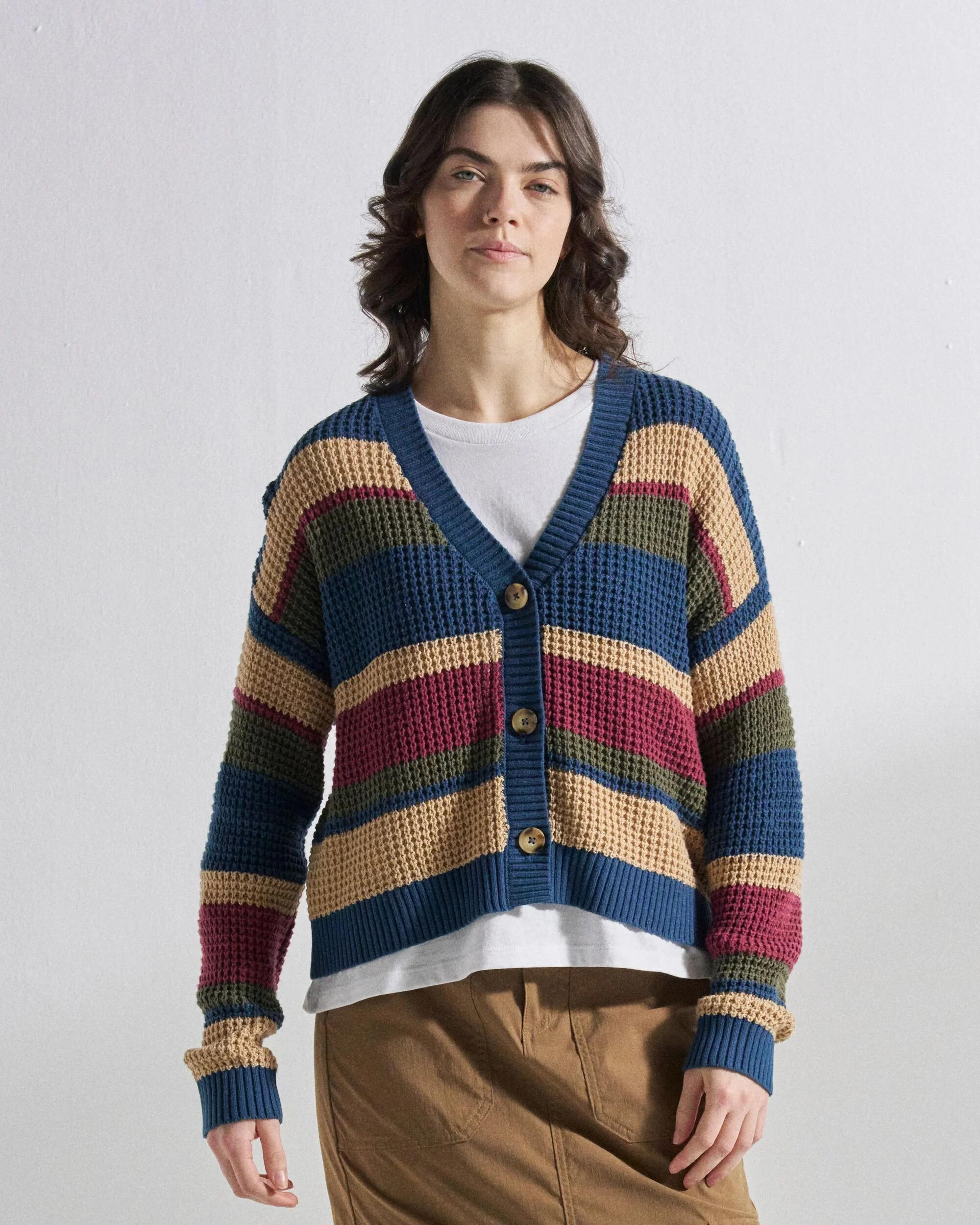 Reflection Open Knit Stripey Cardigan - Dusty Olive Multi Stripe