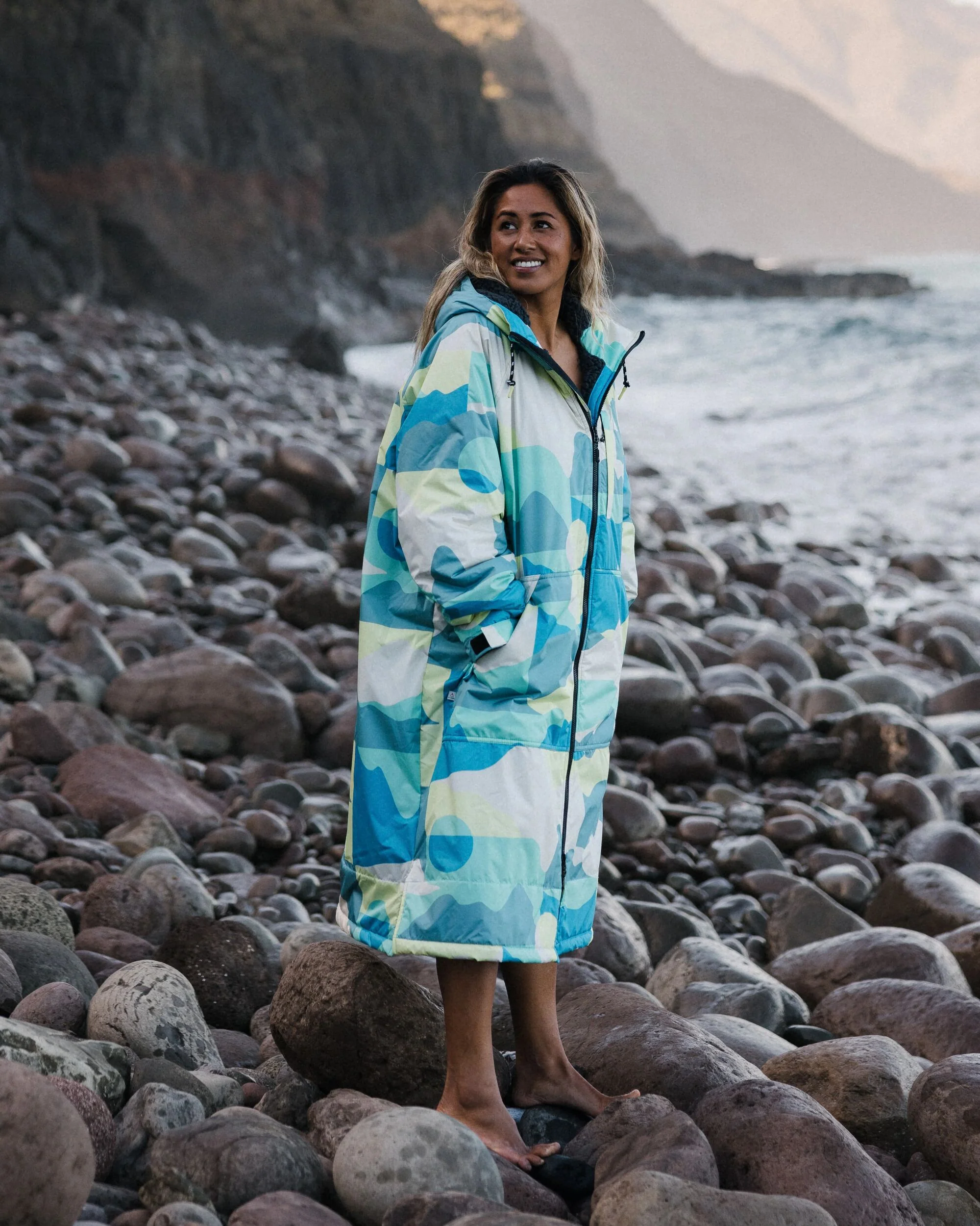 Waves Sherpa Lined Changing Robe - Vista Patchwork Aqua