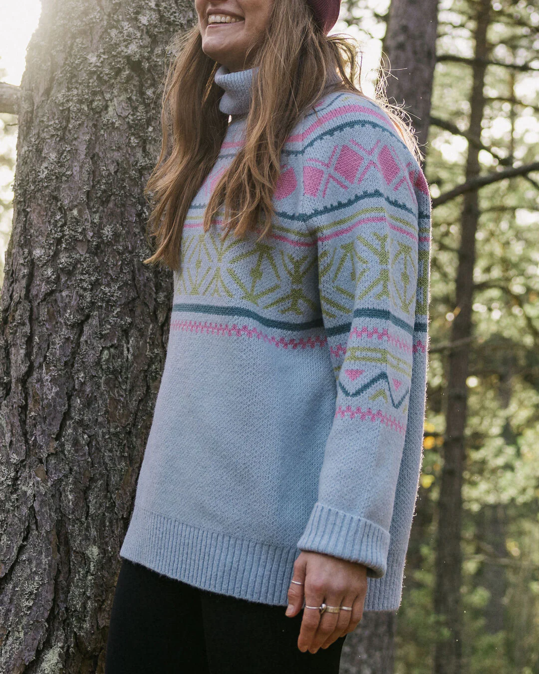 Whimsical Oversized Polo Neck Knitted Jumper - Homespun Stripe Blue Fog