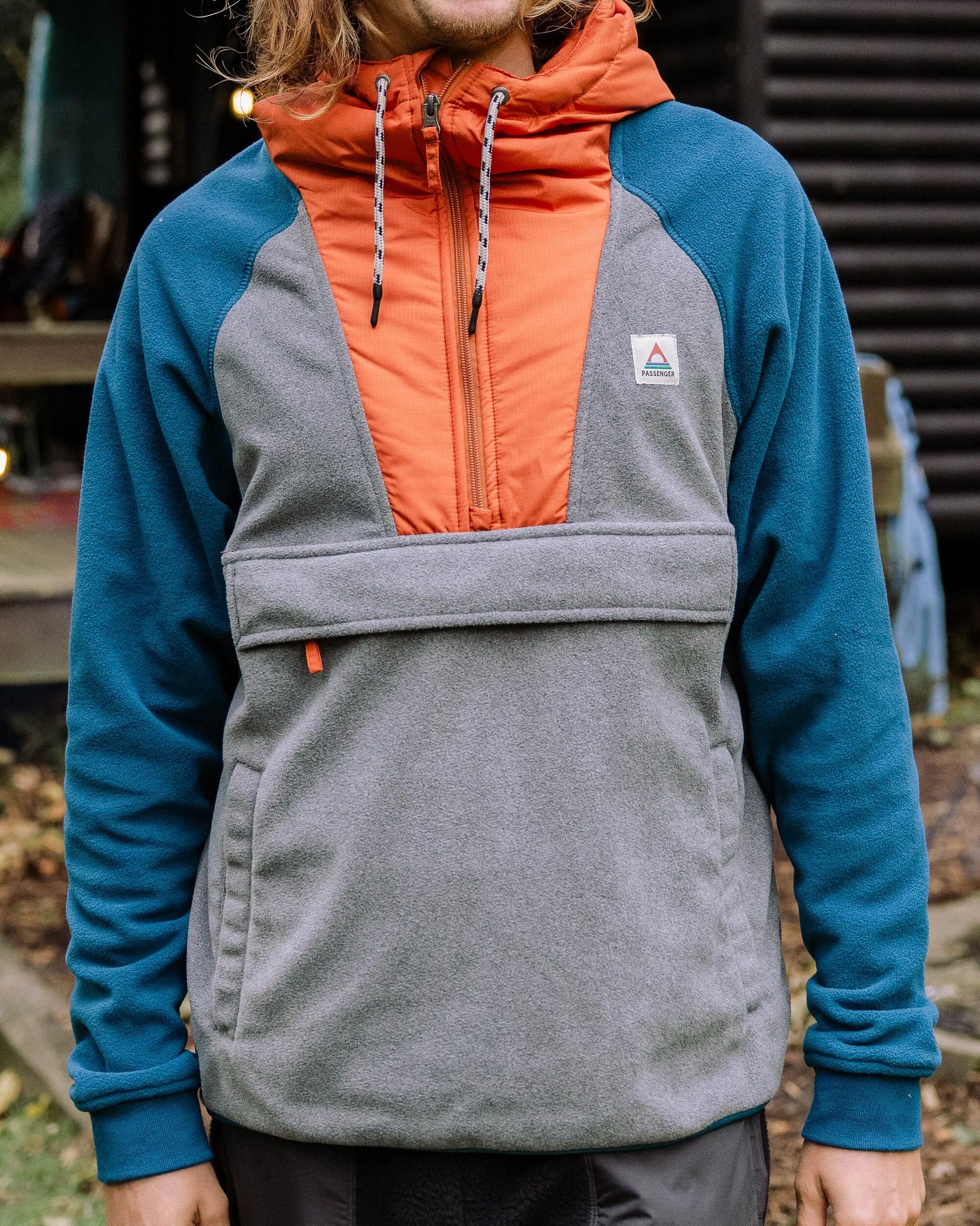 Woodland Hooded 1/2 Zip Polar Fleece - Grey Marl/ Tidal Blue